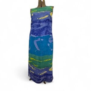 Abstract Watercolor Maxi Dress Blue Green Y2K Sleeveless‎ Sheath 90s Size 15/16